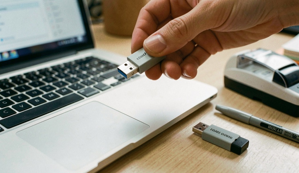 A hand holding a plain USB flash drive above a laptop keyboard, a second drive resting on the desk beside a label maker and a marker pen