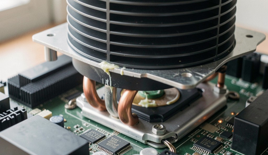 A large tower cooler mounted over a processor socket, heat pipes catching the light and thermal paste residue visible on the retention bracket