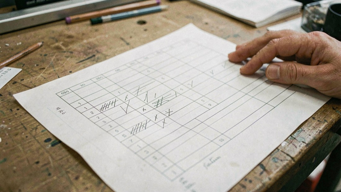 A printed grid of rows and columns clipped to a workbench, pencil ticks in some cells and a technician hand resting at the edge of the sheet