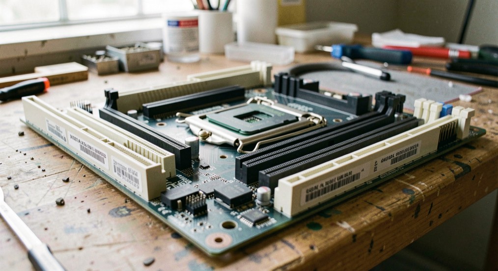 A motherboard photographed close up on a workbench, the processor socket open, memory slots empty and printed labels visible along the board edge