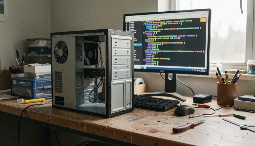 A desktop computer running with its side panel off on a workbench, a monitor behind it filled with scrolling console output from a load test
