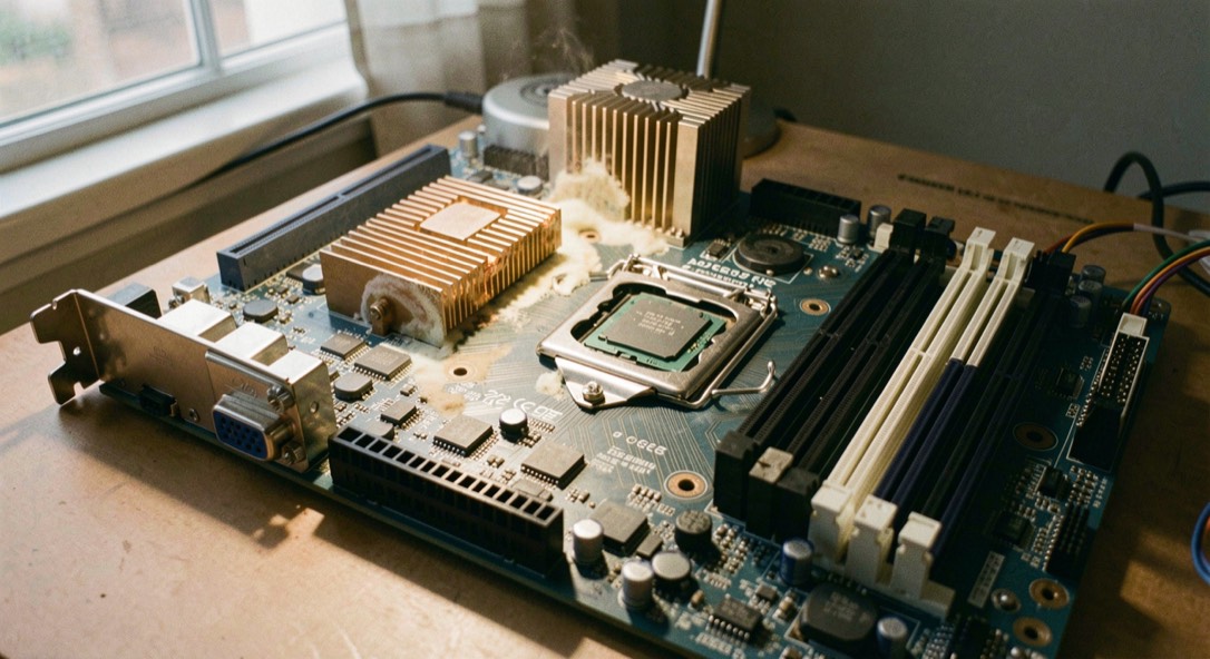 A motherboard photographed under a desk lamp showing a discolored area near the power delivery heatsink and a socket with no processor